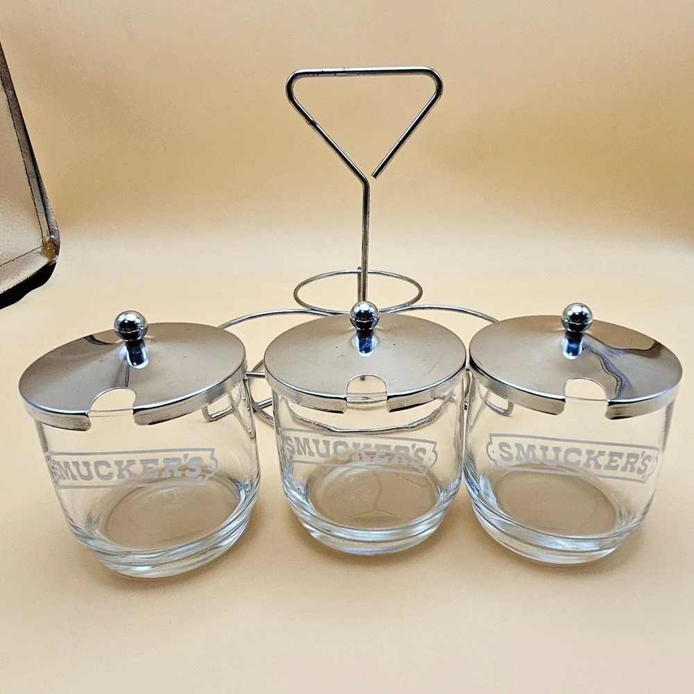 Vintage Smuckers‎ Glass Jam Jelly Condiment Jars Set of 3 with Metal Caddy